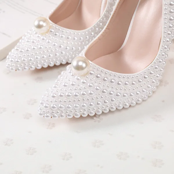 Charming Ivory Handmade Pearl Wedding Shoes 2020 11 cm Stiletto Heels Pointed Toe Wedding Pumps