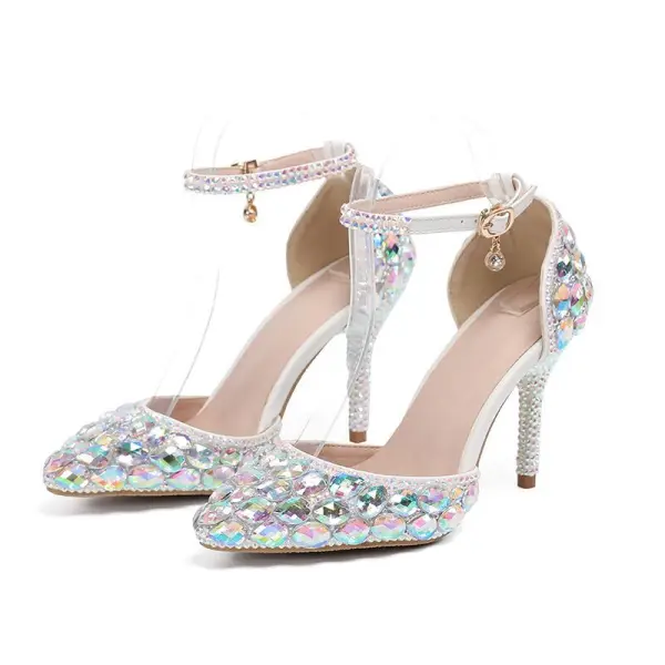 Sexy Multifarben Strass Brautschuhe 2020 Knöchelriemen 8 cm Stilettos Spitzschuh Hochzeit High Heels