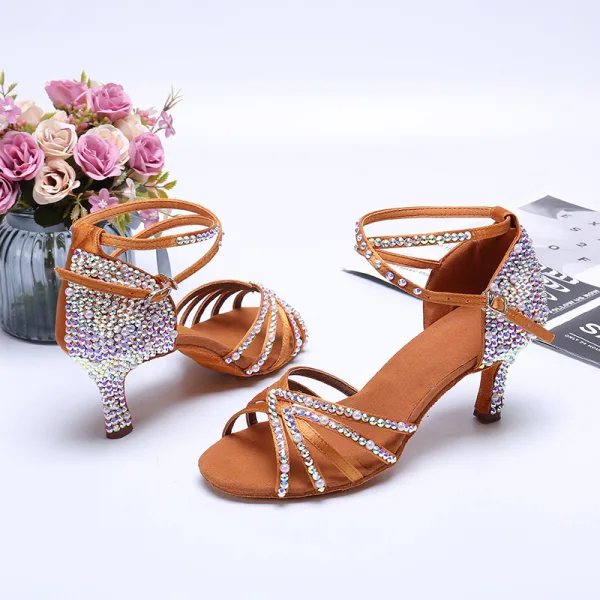 Charmant Braun Strass Latein Tanzschuhe 2020 Satin Knöchelriemen 8 cm Stilettos Peeptoes Tanzen Sandaletten