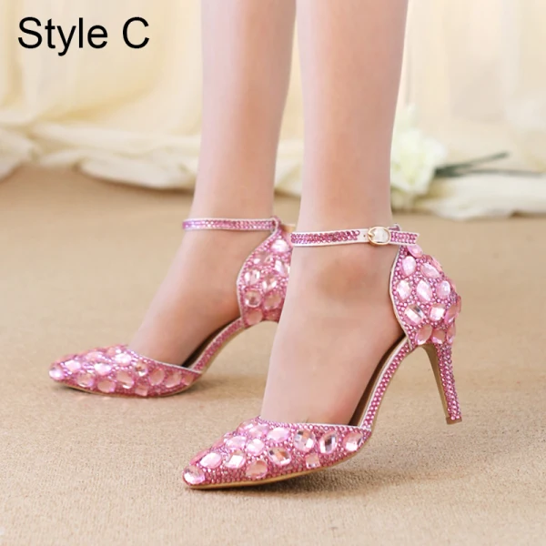 Sexy Multi-Couleurs Faux Diamant Soirée Sandales Femme 2020 Bride Cheville 8 cm Talons Aiguilles À Bout Pointu Sandales
