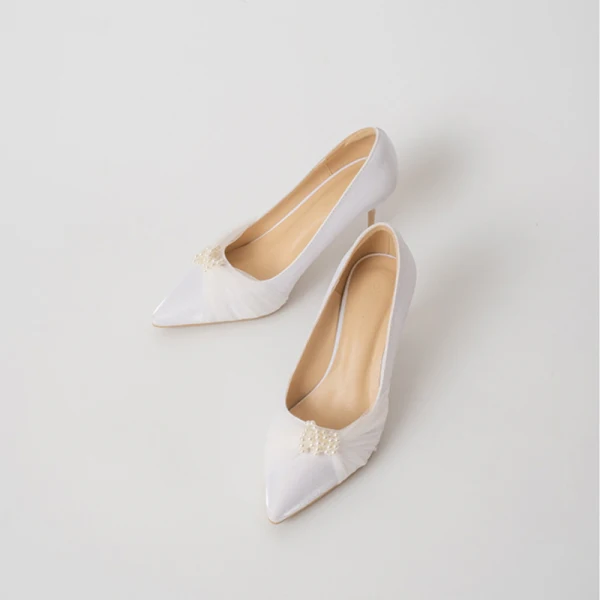 Elegant Ivory Bridesmaid Pearl Pumps 2020 Satin 7 cm Stiletto Heels Pointed Toe Pumps