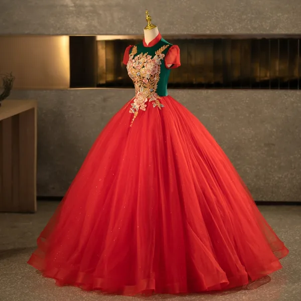 Vintage / Retro Red Beading Lace Flower Sequins Prom Dresses 2025 Ball Gown High Neck Short Sleeve Backless Floor-Length / Long Formal Dresses