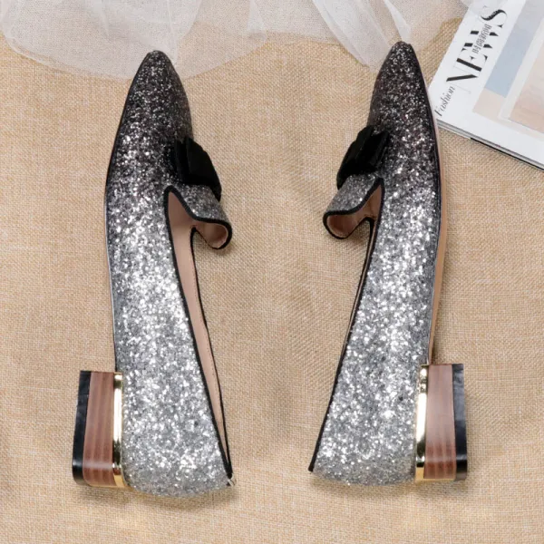 Fashion Silver Black Street Wear Sequins Pumps 2020 Bow 3 cm Thick Heels Low Heel Pointed Toe Pumps