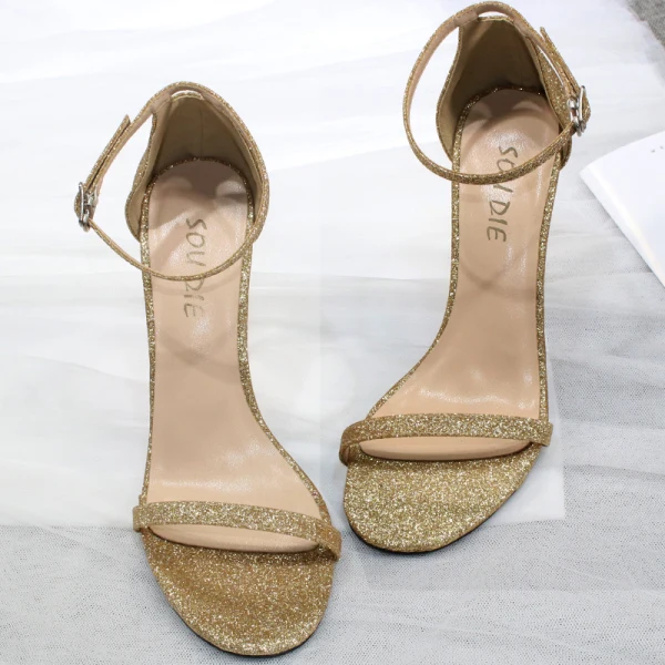 Sexy Gold Evening Party Sequins Womens Shoes 2020 Ankle Strap 10 cm Stiletto Heels Open / Peep Toe Sandals