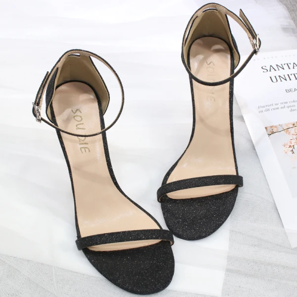 Sexy Gold Glitter Evening Party Womens Sandals 2020 Ankle Strap Sequins 10 cm Stiletto Heels Pointed Toe Sandals