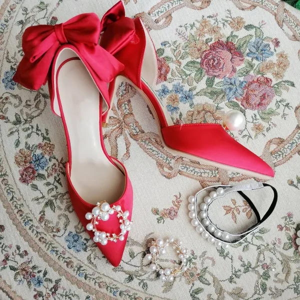 Classy Red Satin Wedding Wedding Shoes 2020 Pearl Rhinestone Bow 8 cm Stiletto Heels Pointed Toe Heels