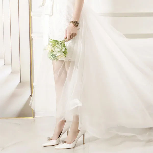 Chic / Beautiful White Rhinestone Wedding Shoes 2020 Leather 10 cm Stiletto Heels Pointed Toe Wedding Pumps