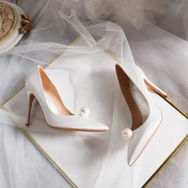 Chic Ivoire Perle Chaussure De Mariée 2020 Cuir 10 cm Talons Aiguilles À Bout Pointu Mariage Escarpins