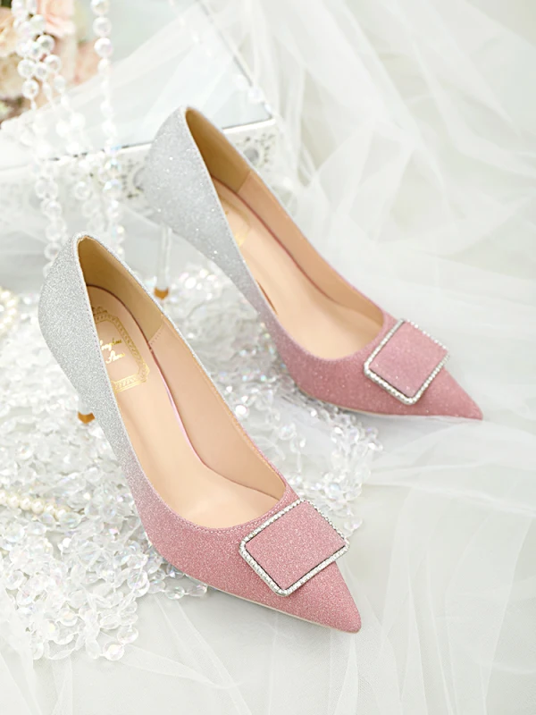 Uroczy Rumieniąc Różowy Cekiny Buty Ślubne 2020 Rhinestone 8 cm Szpilki Szpiczaste Ślub Czółenka