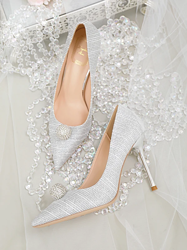 Charmig Silver Glittriga / Glitter Rhinestone Brudskor 2020 10 cm Stilettklackar Spetsiga Bröllop Pumps