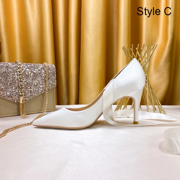 Chic / Beautiful Ivory Satin Wedding Shoes 2020 Pearl 8 cm Stiletto Heels Pointed Toe Wedding Pumps