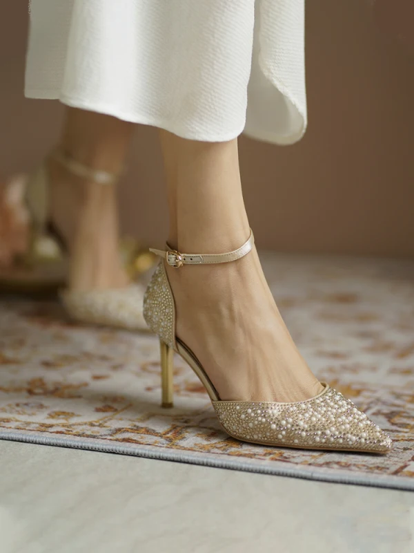 Charming Gold Pearl Rhinestone Wedding Shoes 2020 Leather Ankle Strap 7 cm Stiletto Heels Pointed Toe Wedding Heels