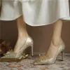 Charming Champagne Crystal Wedding Shoes 2020 Leather Rhinestone 8 cm Stiletto Heels Pointed Toe Wedding Pumps