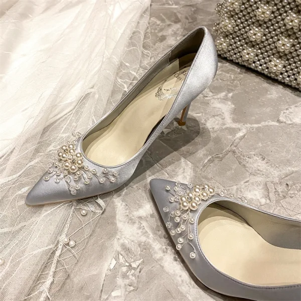Élégant Gris Promo Satin Escarpins 2020 Perle 10 cm Talons Aiguilles À Bout Pointu Escarpins