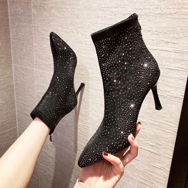 Fashion Black Street Wear Rhinestone Womens Boots 2020 8 cm Stiletto Heels Pointed Toe Boots