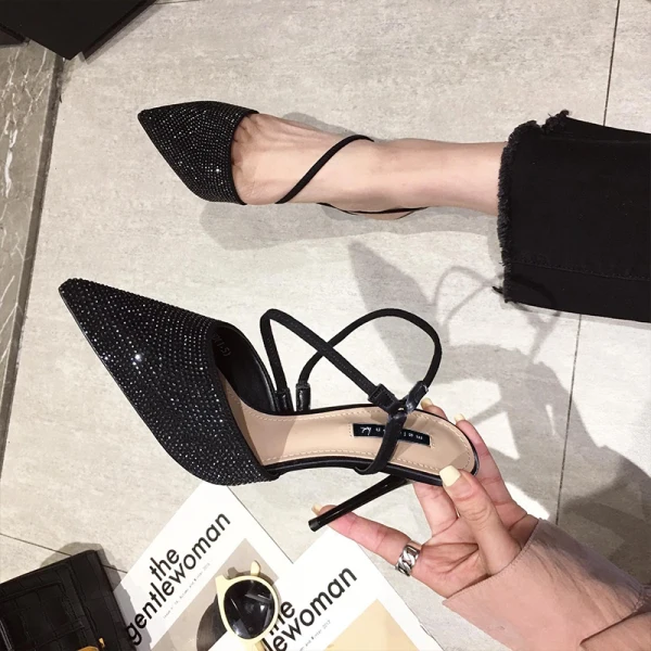 Sexy Black Evening Party Rhinestone Slingbacks Womens Sandals 2020 8 cm Stiletto Heels Pointed Toe Sandals