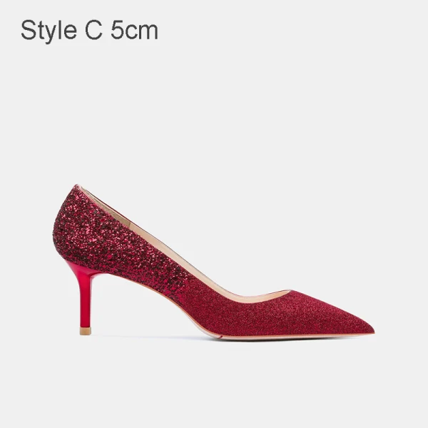 Charmant Rouge Mariage Cuir Paillettes Chaussure De Mariée 2021 10 cm Talons Aiguilles À Bout Pointu Escarpins