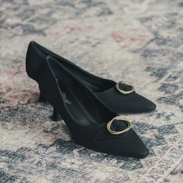 Vintage Toevallig Zwarte Leer Pumps 2021 5 cm Naaldhakken / Stiletto Spitse Neus Pumps