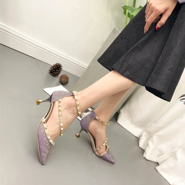 Scintillantes Doré Chaussures Femmes 2018 Polyester Rivet Paillettes 7 cm Talons Aiguilles À Bout Pointu Talons Hauts