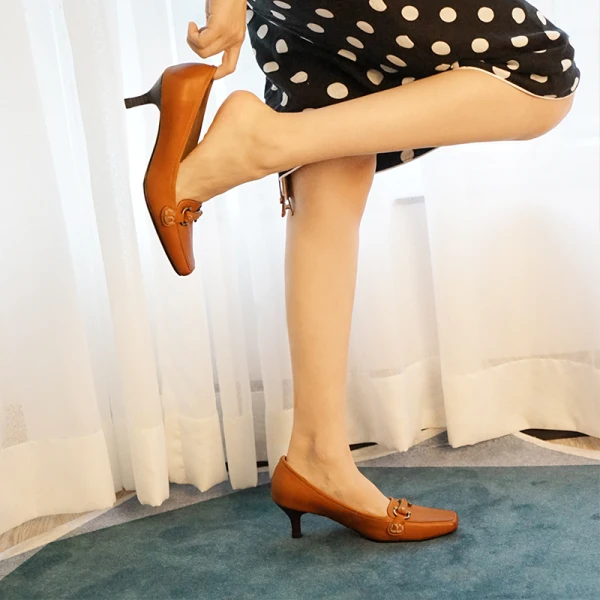 Vintage Braun Freizeit Pumps 2021 Leder 5 cm Stilettos Quadratische Zehe Pumps