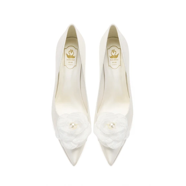 Élégant Ivoire Mariage Perle Satin Fleur Chaussure De Mariée 2021 8 cm Talons Aiguilles À Bout Pointu Escarpins