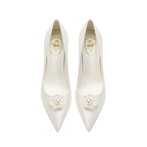 Élégant Ivoire Satin Chaussure De Mariée 2021 Perle Fleur 8 cm Talons Aiguilles À Bout Pointu Mariage Escarpins