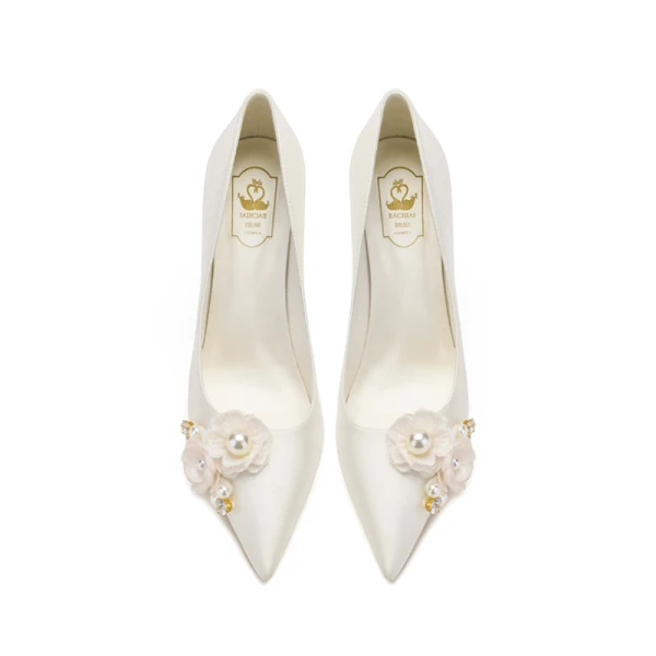 Elegant Satin Ivory Pearl Rhinestone Wedding Shoes 2021 8 cm Stiletto Heels Pointed Toe Wedding Pumps