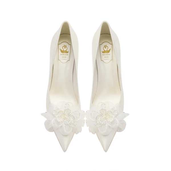 Chic Ivoire Satin Chaussure De Mariée 2021 Fleur 8 cm Talons Aiguilles À Bout Pointu Mariage Escarpins