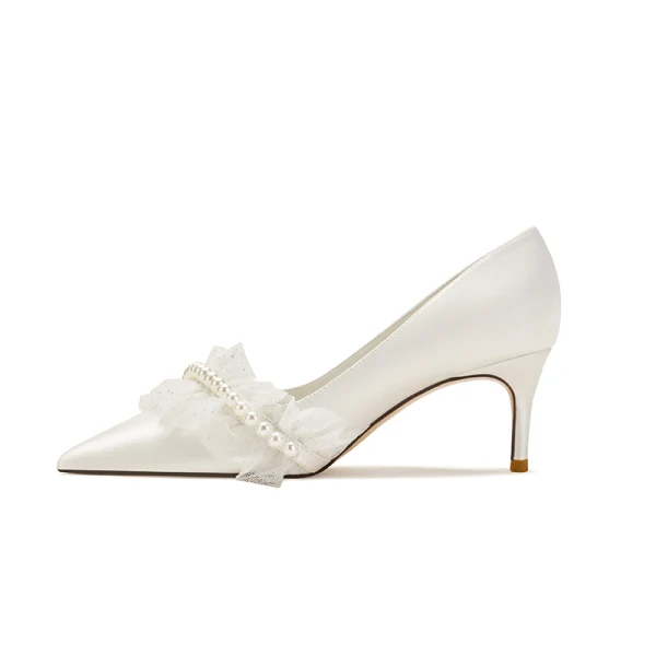 Chic / Beautiful Ivory Satin Pearl Wedding Shoes 2021 6 cm Stiletto Heels Pointed Toe Wedding Pumps