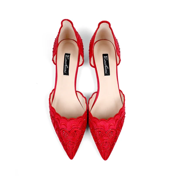 Chinese style Red Satin Rhinestone Wedding Shoes 2021 8 cm Stiletto Heels Pointed Toe Wedding Heels