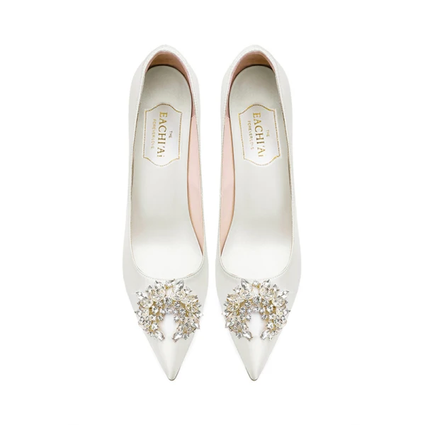 Edles Satin Ivory / Creme Strass Brautschuhe 2021 8 cm Stilettos Spitzschuh Hochzeit Pumps