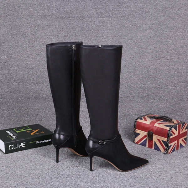 Klassieke Winter Zwarte Straatkleding Mid Kalf Sandalen Dames 2021 Leer 8 cm Naaldhakken / Stiletto Spitse Neus Laarzen
