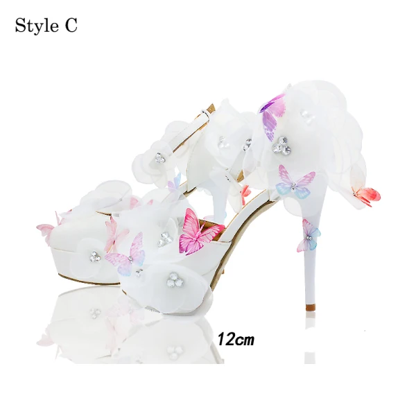 Chic / Beautiful White Summer Wedding Shoes 2018 Leather Butterfly Flower Rhinestone Ankle Strap 14 cm Stiletto Heels Open / Peep Toe Wedding High Heels