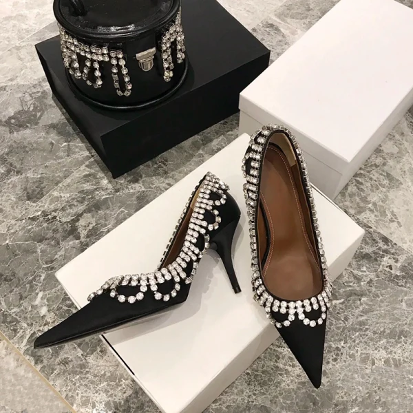 Charmant Satin Schwarz Strass Brautschuhe 2021 8 cm Stilettos Spitzschuh Hochzeit Pumps