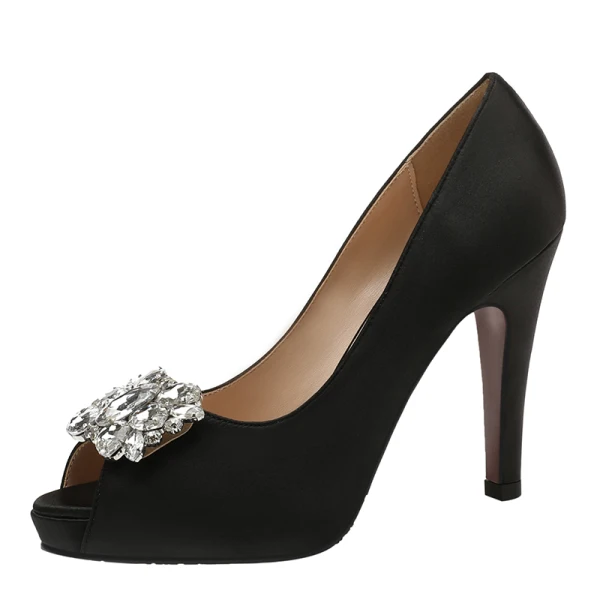 Classy Ivory Satin Rhinestone Wedding Shoes 2021 10 cm Stiletto Heels Open / Peep Toe Wedding Heels