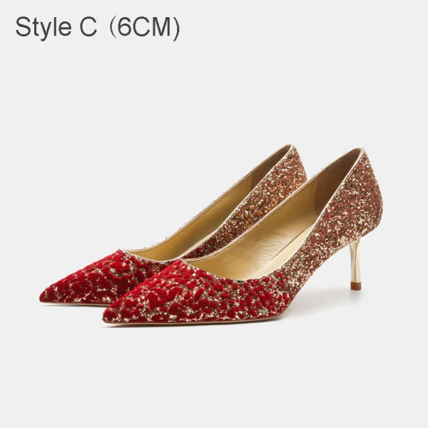 Glitzernden Charmant Gold Rot Pailletten Brautschuhe 2021 Leder 10 cm Stilettos Spitzschuh Hochzeit Pumps