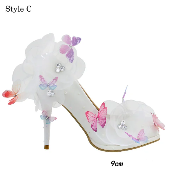 Chic / Beautiful White Wedding Shoes 2018 Leather Butterfly Flower Rhinestone 14 cm Stiletto Heels Pointed Toe Wedding Pumps