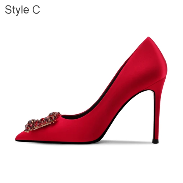 Sexy Red Evening Party Rhinestone Pumps 2021 Leather 10 cm Stiletto Heels Pointed Toe Pumps