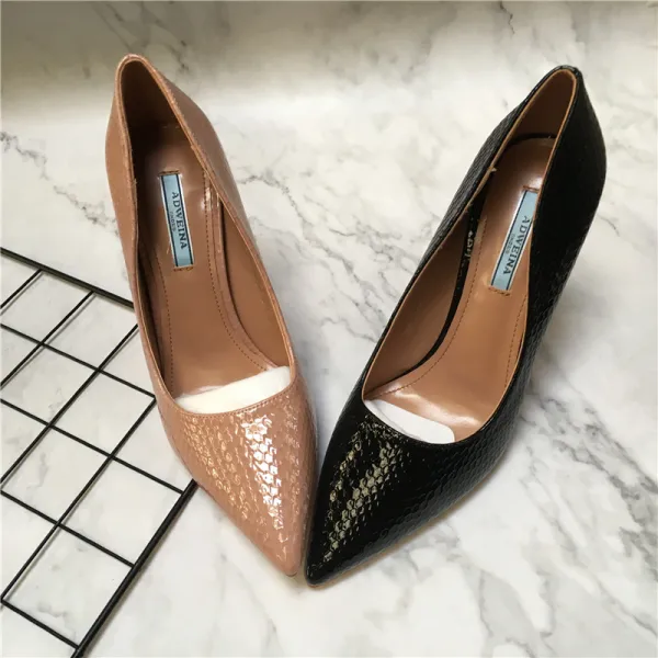 Schöne Schwarz Strassenmode Schlangenhautmuster Pumps 2021 10 cm Stilettos Spitzschuh Pumps