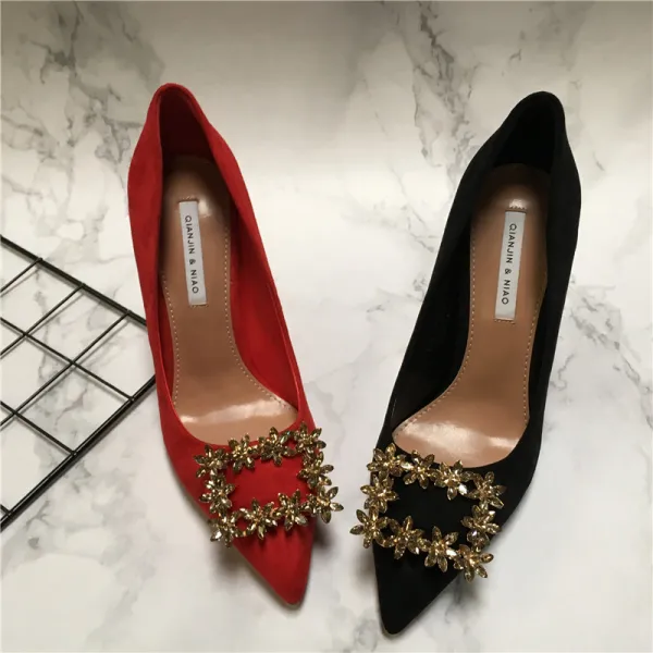 Charmant Wildleder Schwarz Abend Strass Pumps 2021 8 cm Stilettos Spitzschuh Pumps