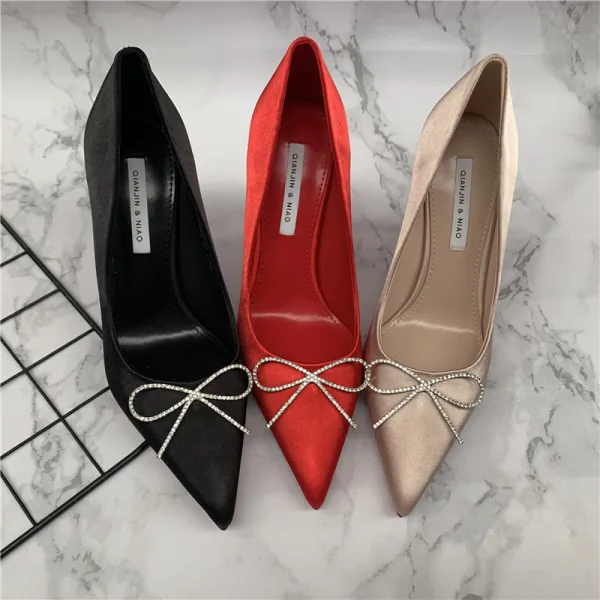 Elegante Schwarz Ball Strass Schleife Pumps 2021 8 cm Stilettos Spitzschuh Pumps