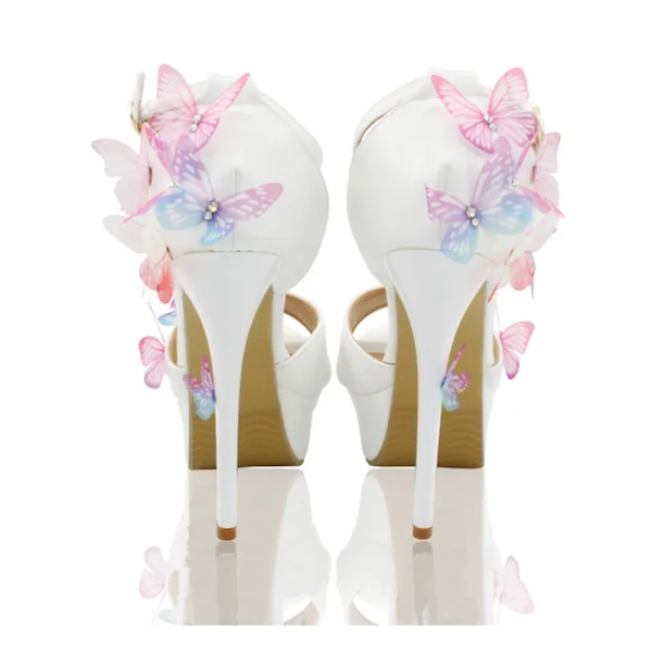 Chic / Beautiful Wedding Shoes 2018 Leather Pearl Butterfly Ankle Strap 14 cm Stiletto Heels Open / Peep Toe Wedding High Heels White