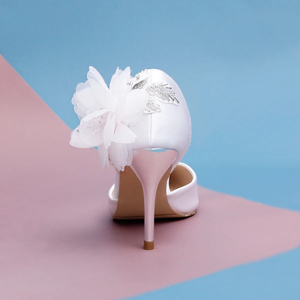 Modern / Fashion White Flower Rhinestone Wedding Shoes 2021 Satin 9 cm Stiletto Heels Pointed Toe Wedding Heels