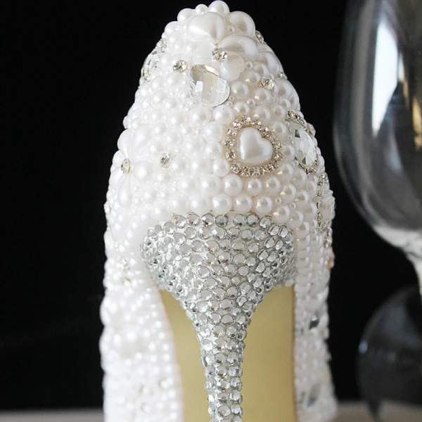 Fabuleux Ivoire Cristal Chaussure De Mariée 2021 Perle Faux Diamant 10 cm Talons Aiguilles Talons Hauts À Bout Pointu Mariage Escarpins
