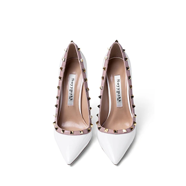Fashion White Evening Party Rivet Pumps 2021 Patent Leather 10 cm Stiletto Heels High Heels Pointed Toe Pumps