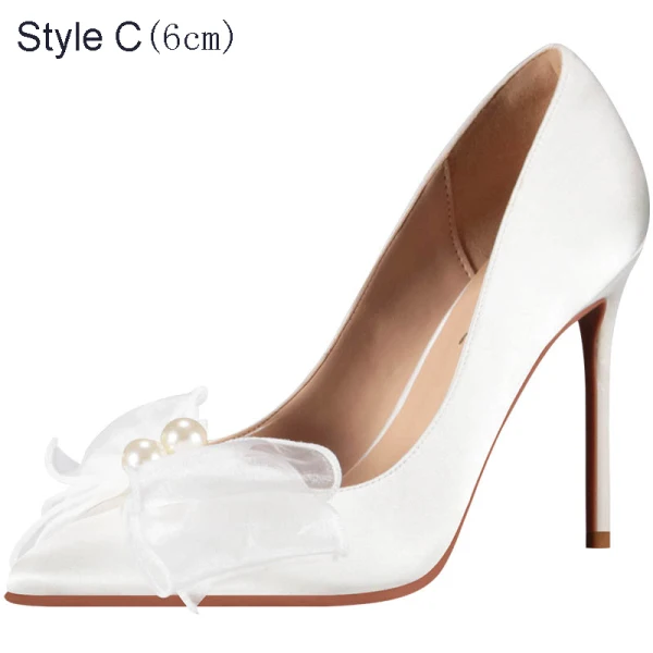 Elegant White Evening Party Satin Pearl Bow Pumps 2021 10 cm Stiletto Heels High Heels Pointed Toe Pumps