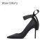 Élégant Noire Promo Satin Escarpins 2021 Bride Cheville Noeud 10 cm Talons Aiguilles Talons Hauts À Bout Pointu Escarpins