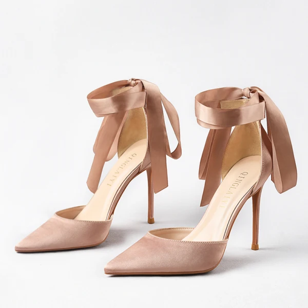 Sexy Champagne Soirée Satin Sandales Femme 2021 Bride Cheville Noeud 10 cm Talons Aiguilles Talons Hauts À Bout Pointu Sandales