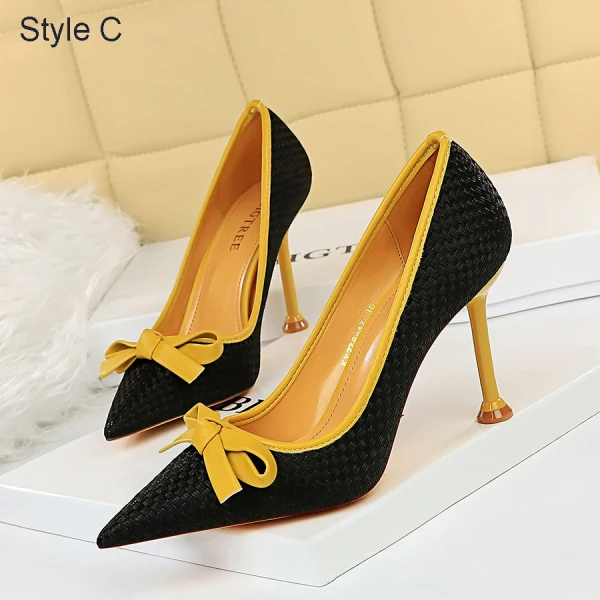 Schön Schwarz Datierung Flechten Schleife Pumps 2021 9 cm Stilettos Hochhackige Spitzschuh Pumps