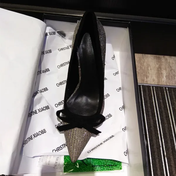 Scintillantes Noire Soirée Faux Diamant Escarpins 2021 Noeud 9 cm Talons Aiguilles À Bout Pointu Talons Hauts